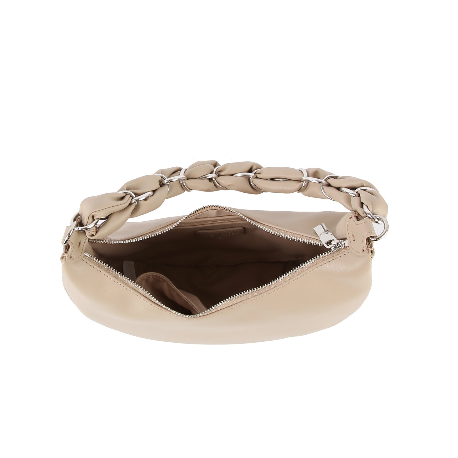 The Decorative Braided Handle Hobo Handbag in beige faux leather features a chunky chain handle with silver hardware. Shown from above, its spacious, lined interior fits a tablet for added convenience.