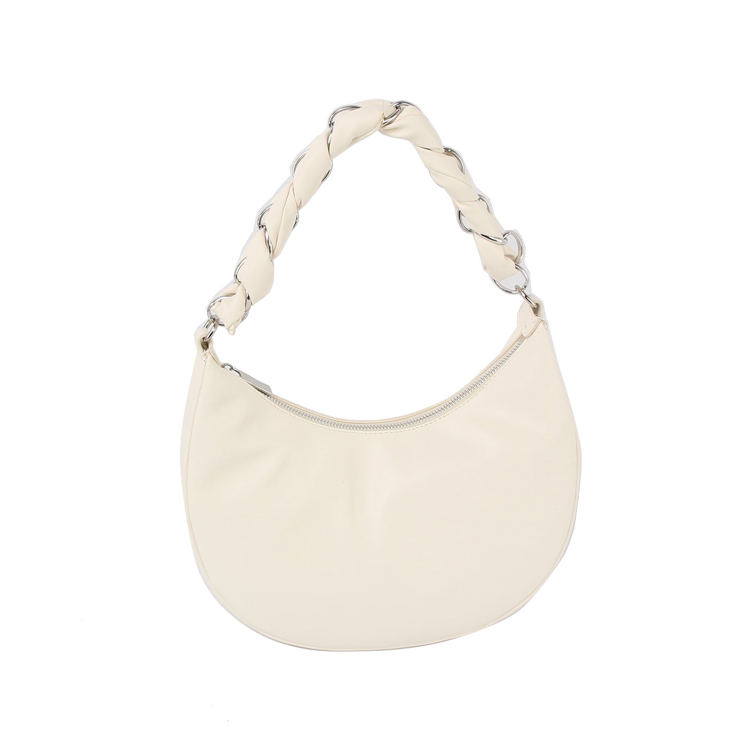 The Decorative Braided Handle Hobo Handbag features a cream faux leather crescent design, thick twisted handle with silver chain links, smooth texture, top zipper closure, and a detachable strap for versatile styling.