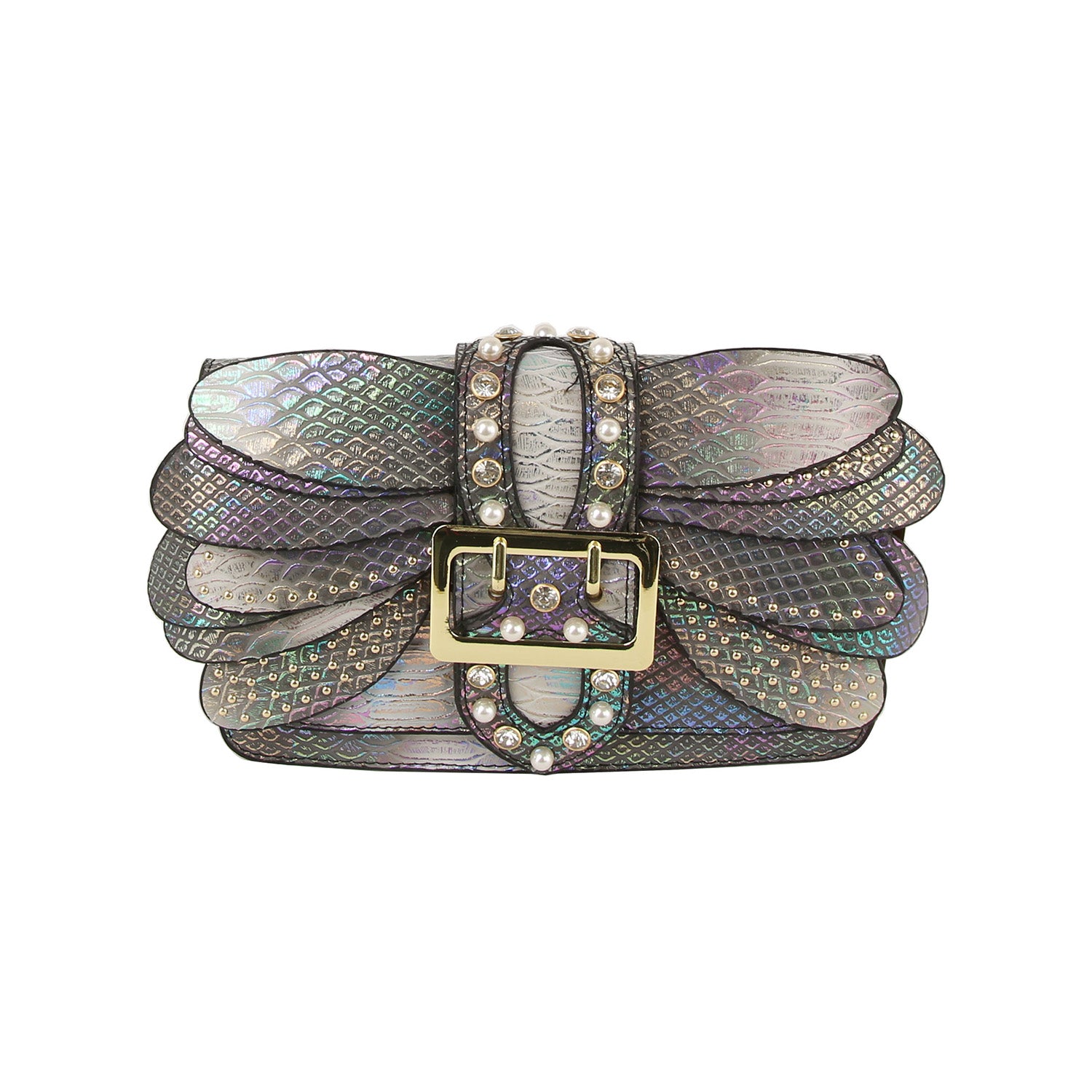 The Layered Wing Shoulder Bag is a small, iridescent faux leather bag with a snakeskin texture, scalloped edges, jeweled details, gold-tone hardware including a large buckle, and a detachable chain strap. Shown against a white background.