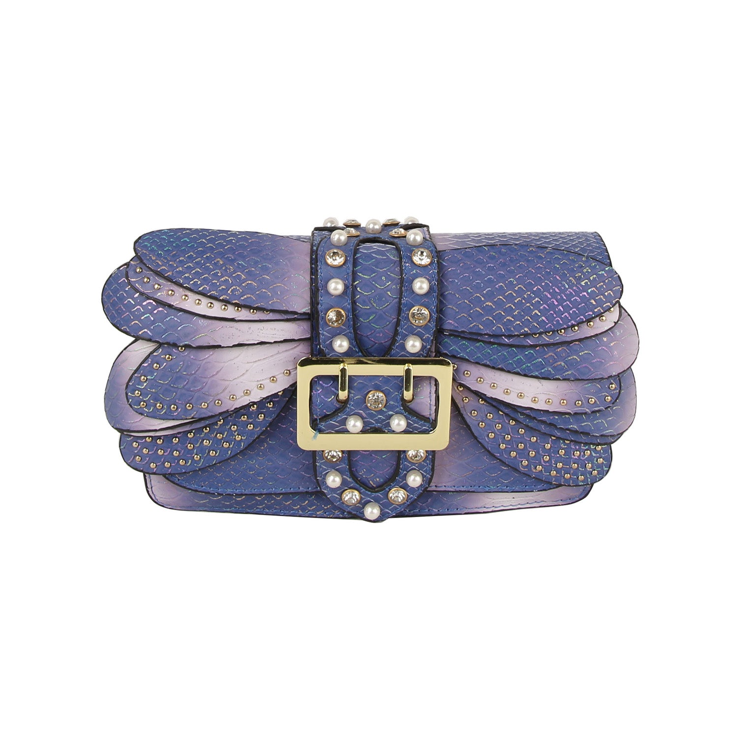 The Layered Wing Shoulder Bag is a small, purple faux leather accessory featuring a textured scale-like pattern, layered details, pearl and stud accents, gold-toned hardware, and a bold gold buckle on the front.