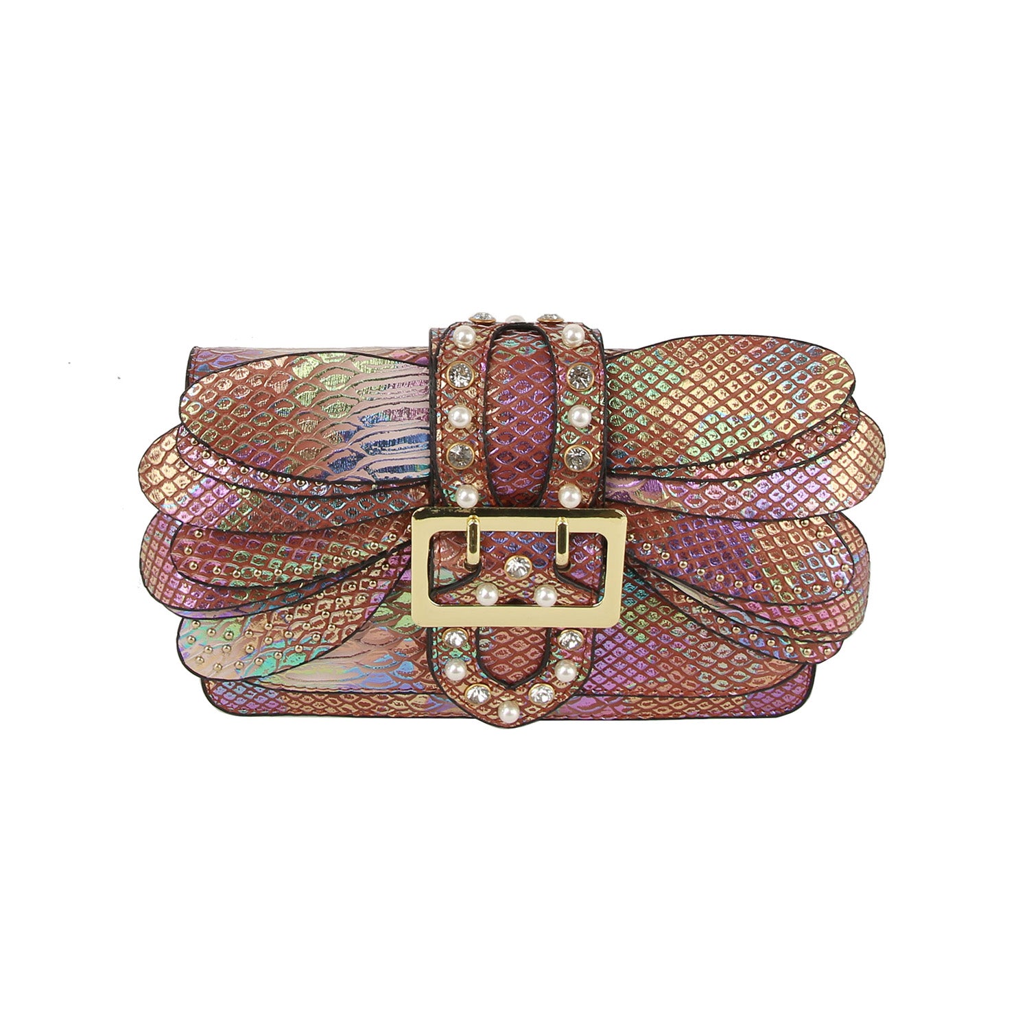 The Layered Wing Shoulder Bag is crafted in iridescent pink and gold snakeskin-patterned faux leather, with a large gold-tone buckle, crystal accents, layered scalloped edges, and a detachable chain strap.