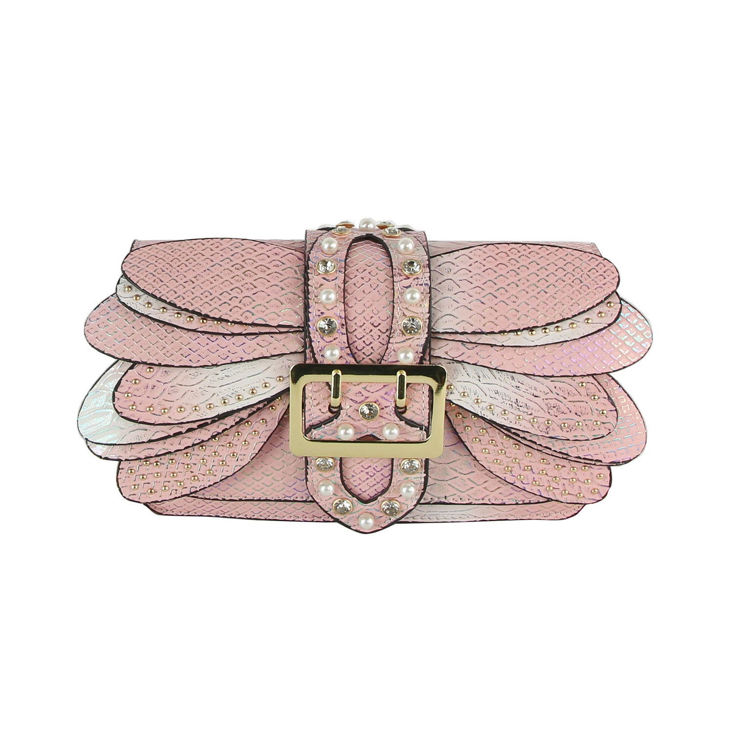 The Layered Wing Shoulder Bag is a pink faux leather bag with a scale-like texture, embellished with pearls, studs, and a large gold buckle. It features layered petal details and a detachable chain strap with gold-toned hardware.