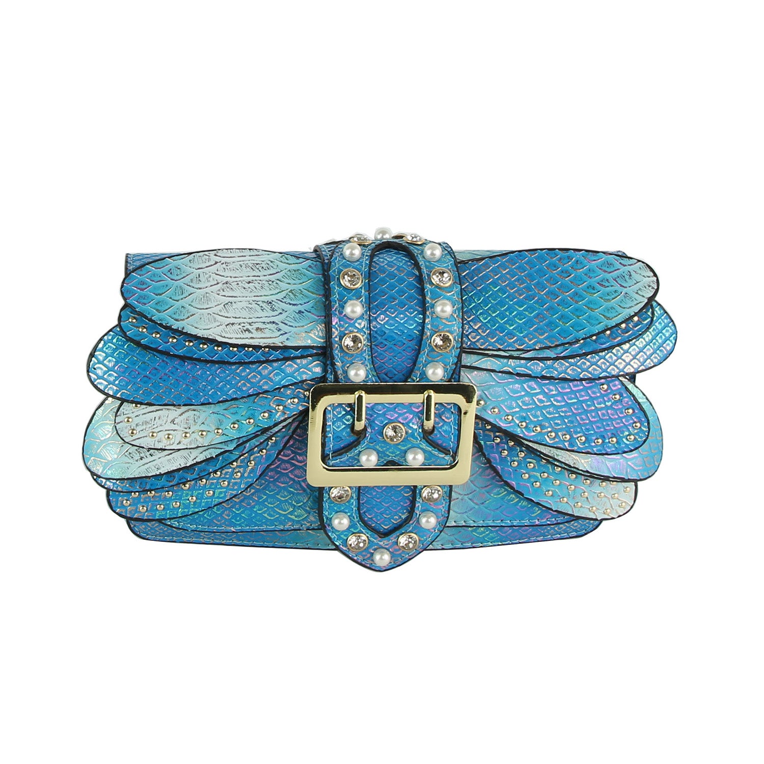The Layered Wing Shoulder Bag is a blue iridescent faux leather bag with a scale-like texture, overlapping wing-shaped layers, a large jeweled buckle, silver stud accents, and gold-toned hardware.