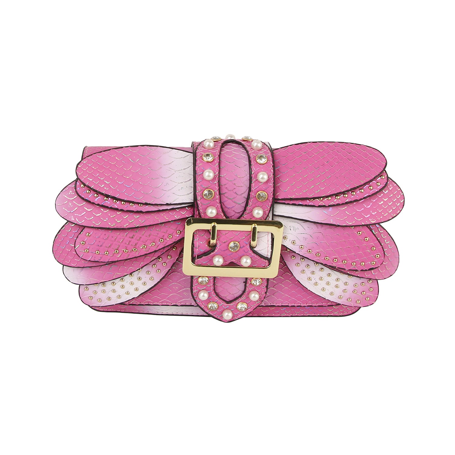 The Layered Wing Shoulder Bag features pink faux leather with a scale-textured surface, petal-shaped layers, gold hardware and studs, a rhinestone-accented central buckle, and a detachable chain strap.