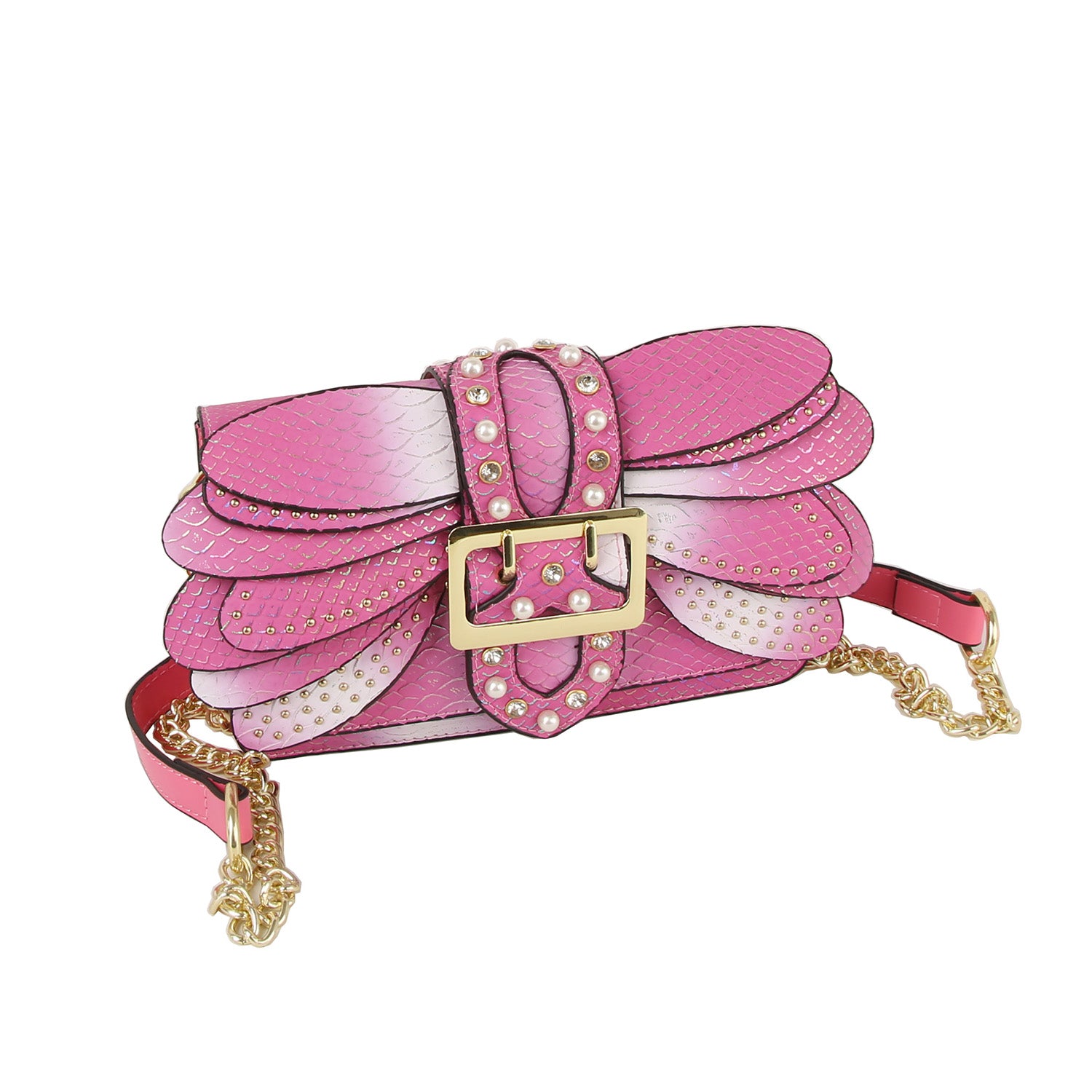The Layered Wing Shoulder Bag features pink faux leather with a petal-like, layered design, gold studs, a square gold buckle, gold-toned hardware, pink-white gradients, textured patterning, and a detachable chain strap.