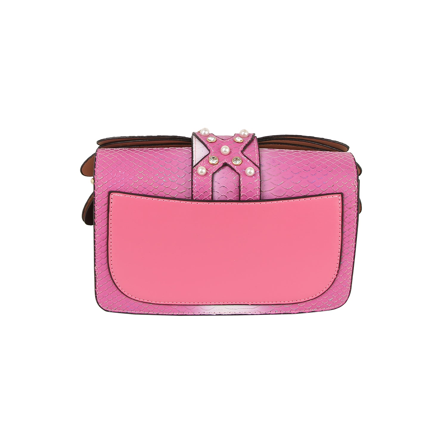 The Layered Wing Shoulder Bag is a pink faux leather bag with a textured finish, gold-toned hardware, a large smooth front pocket, and a top center decorative strap adorned with pearl-like studs against a white background.