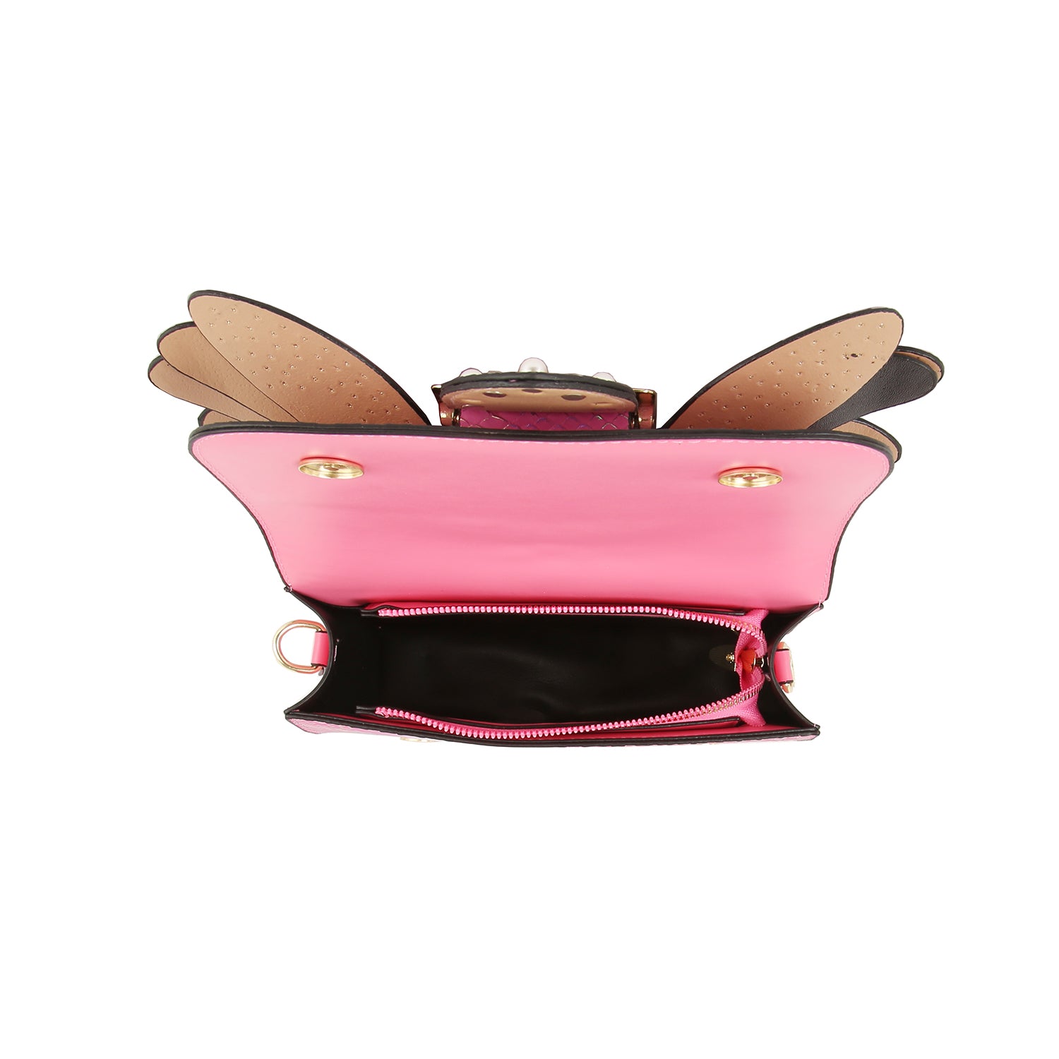 A top-down view of the open Layered Wing Shoulder Bag in pink faux leather with gold button closures and hardware, showing a black zippered pocket inside and tan side flaps.