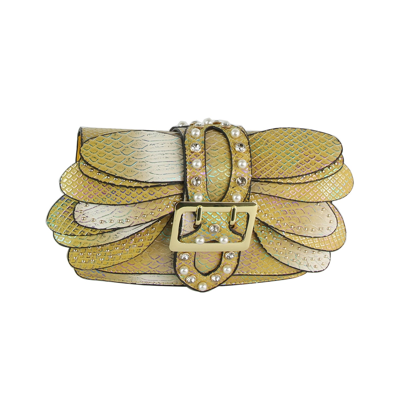 The Layered Wing Shoulder Bag is a small, iridescent gold faux leather purse with a scale pattern and scalloped layers, adorned with a large gold buckle featuring pearls down the center and elegant gold-toned hardware.