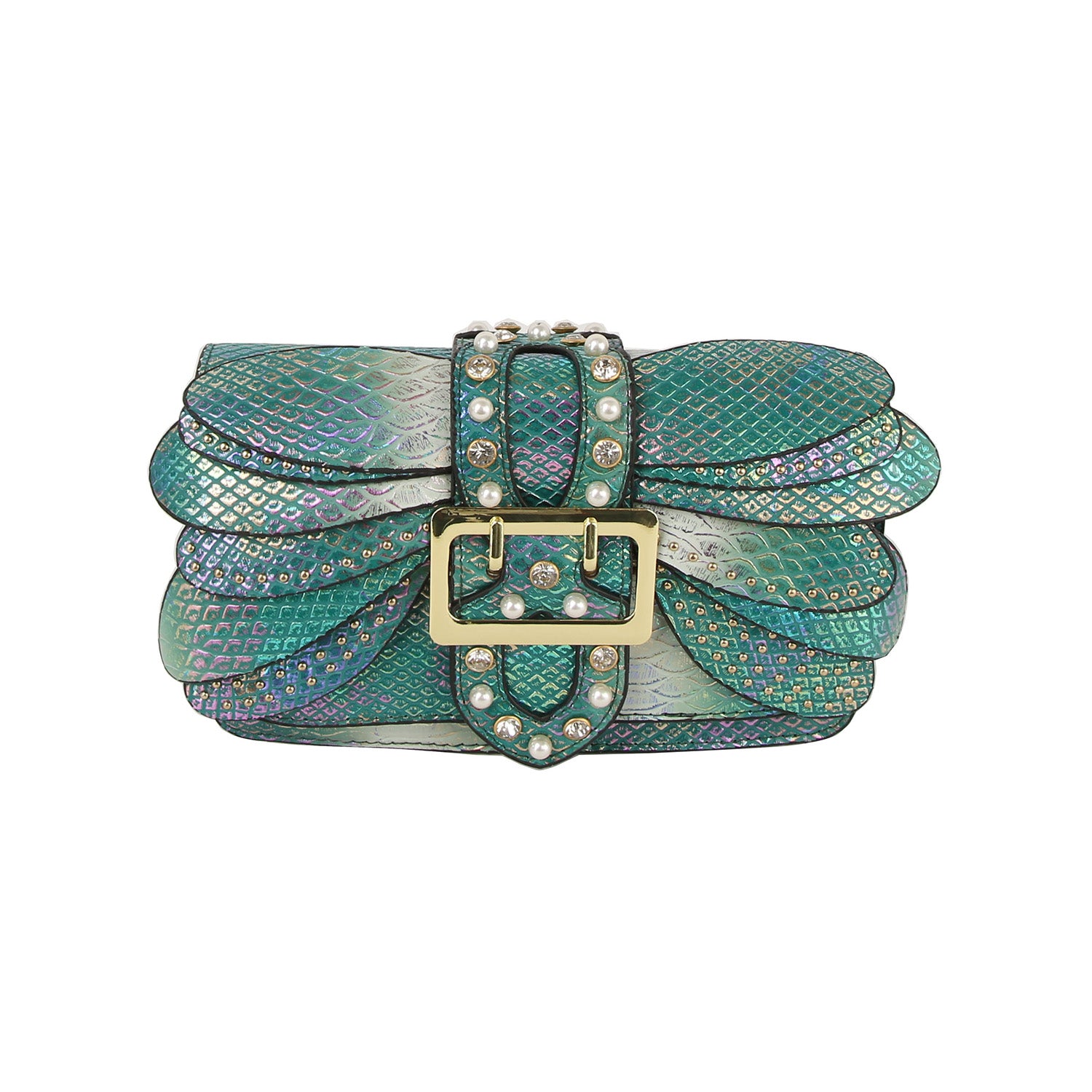 The Layered Wing Shoulder Bag is a small turquoise faux leather bag with a scale-like texture, iridescent finish, gold-toned hardware, a large rhinestone-embellished buckle, and a detachable chain strap with rhinestone accents.