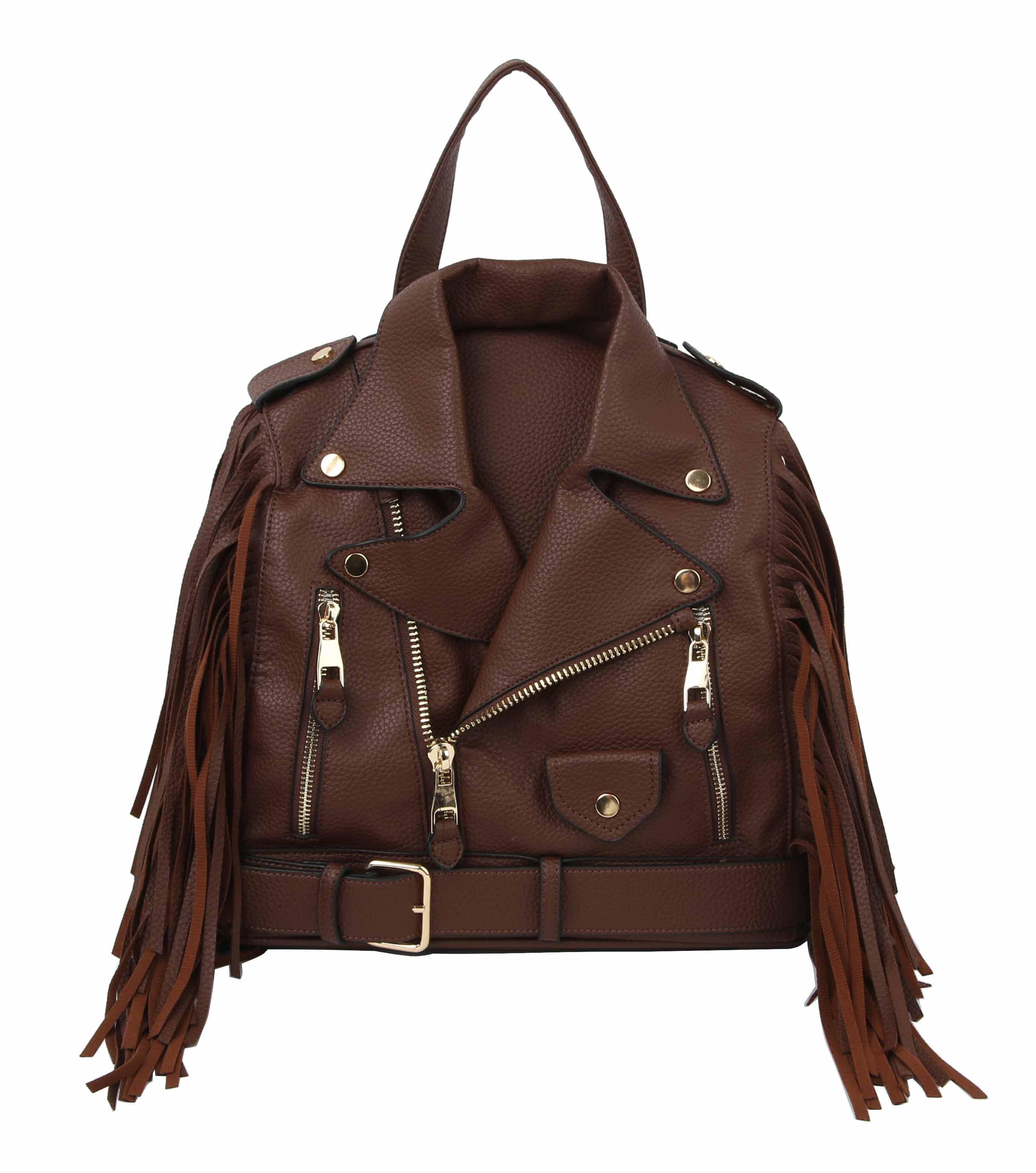 The Fringe Motorcycle Jacket Backpack is a brown faux leather bag styled like a biker jacket with gold hardware, zippers, buttons, bottom belt, adjustable straps, and long side fringes.