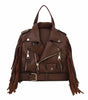 The Fringe Motorcycle Jacket Backpack is a brown faux leather bag styled like a biker jacket with gold hardware, zippers, buttons, bottom belt, adjustable straps, and long side fringes.