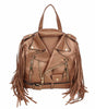 The Fringe Motorcycle Jacket Backpack is a brown faux leather bag with gold hardware, decorative buttons, a bottom belt, and long side fringe, styled to resemble a biker jacket.