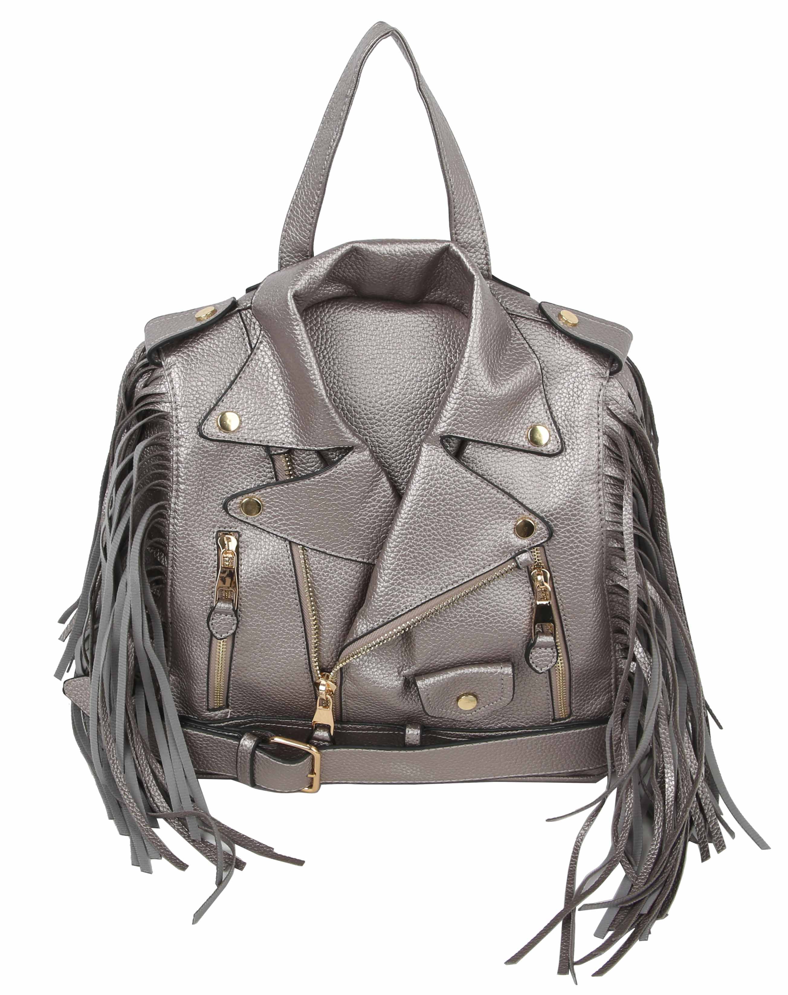 The Fringe Motorcycle Jacket Backpack is a silver faux leather bag styled like a biker jacket, featuring fringe sides, zipper accents, a bottom belt, adjustable straps, and gold hardware.