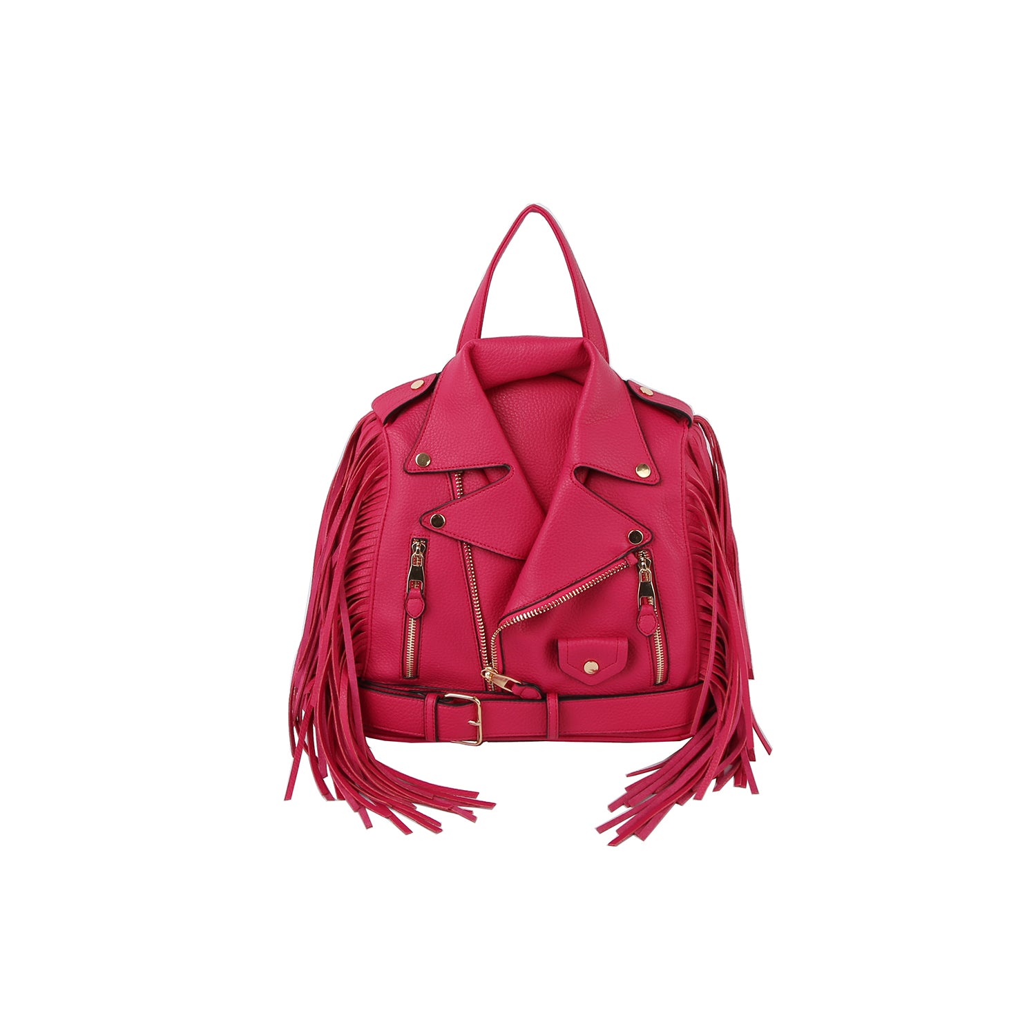The Fringe Motorcycle Jacket Backpack is a bold pink faux leather bag with biker jacket styling, side fringe, gold hardware, belted accents, adjustable straps, and a top handle.