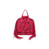 The Fringe Motorcycle Jacket Backpack is a bold pink faux leather bag with biker jacket styling, side fringe, gold hardware, belted accents, adjustable straps, and a top handle.