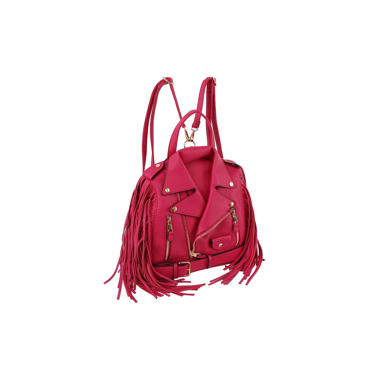 The Fringe Motorcycle Jacket Backpack is a pink faux leather bag with silver zippers, buttons, side fringe details, and adjustable straps for comfort, designed to look like a biker jacket.