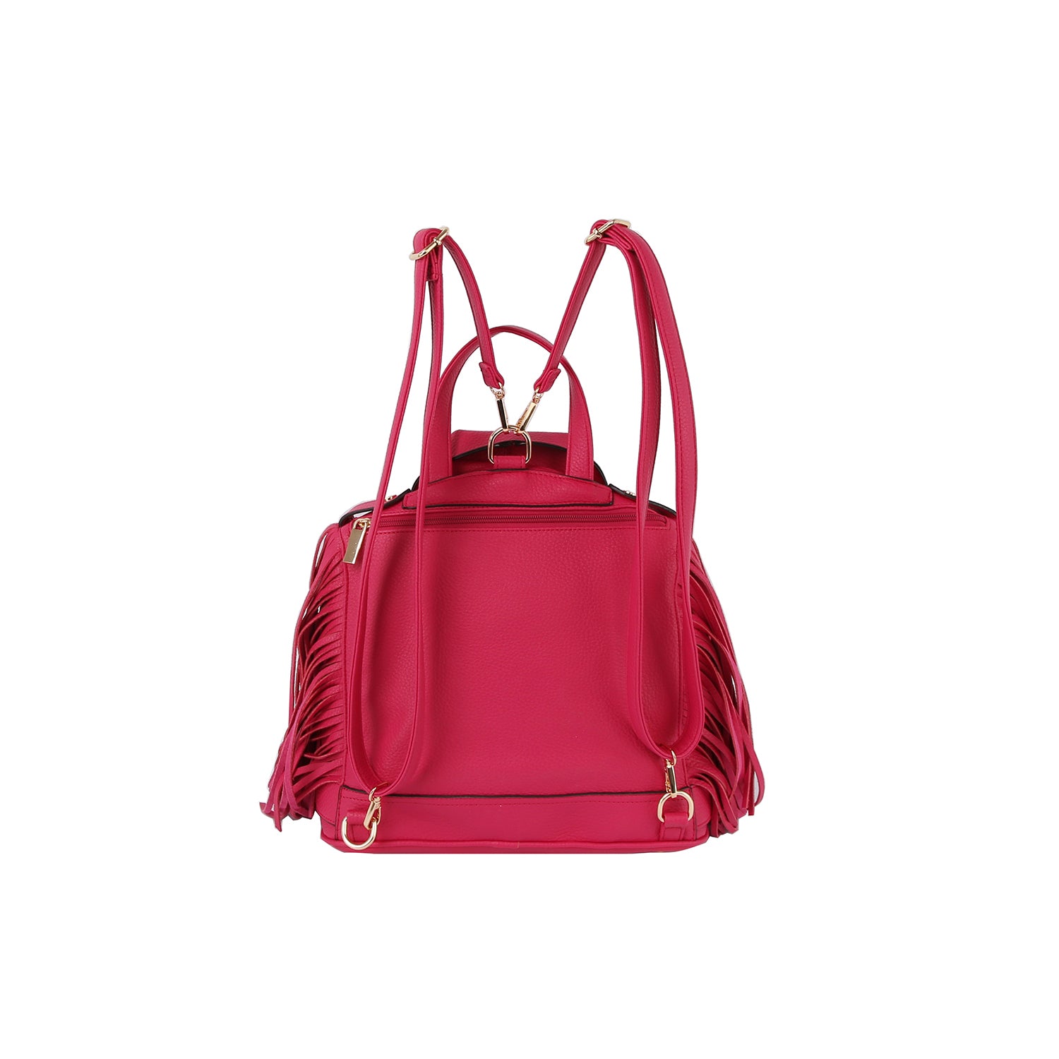 The Fringe Motorcycle Jacket Backpack features bright pink faux leather, side fringe details, gold hardware, and adjustable straps, displayed from the back on a white background.