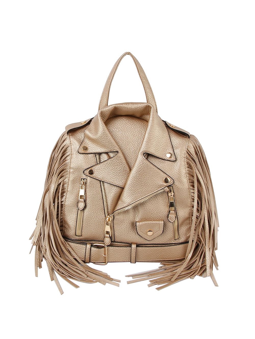 The Fringe Motorcycle Jacket Backpack is a gold bag styled like a biker jacket, with zipper details, lapels, front pockets, long fringe accents on both sides, and a secure zip closure.