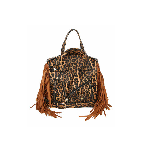 The Fringe Motorcycle Jacket Backpack features a leopard print, brown leather fringe sides, a top handle, and a front zip closure.