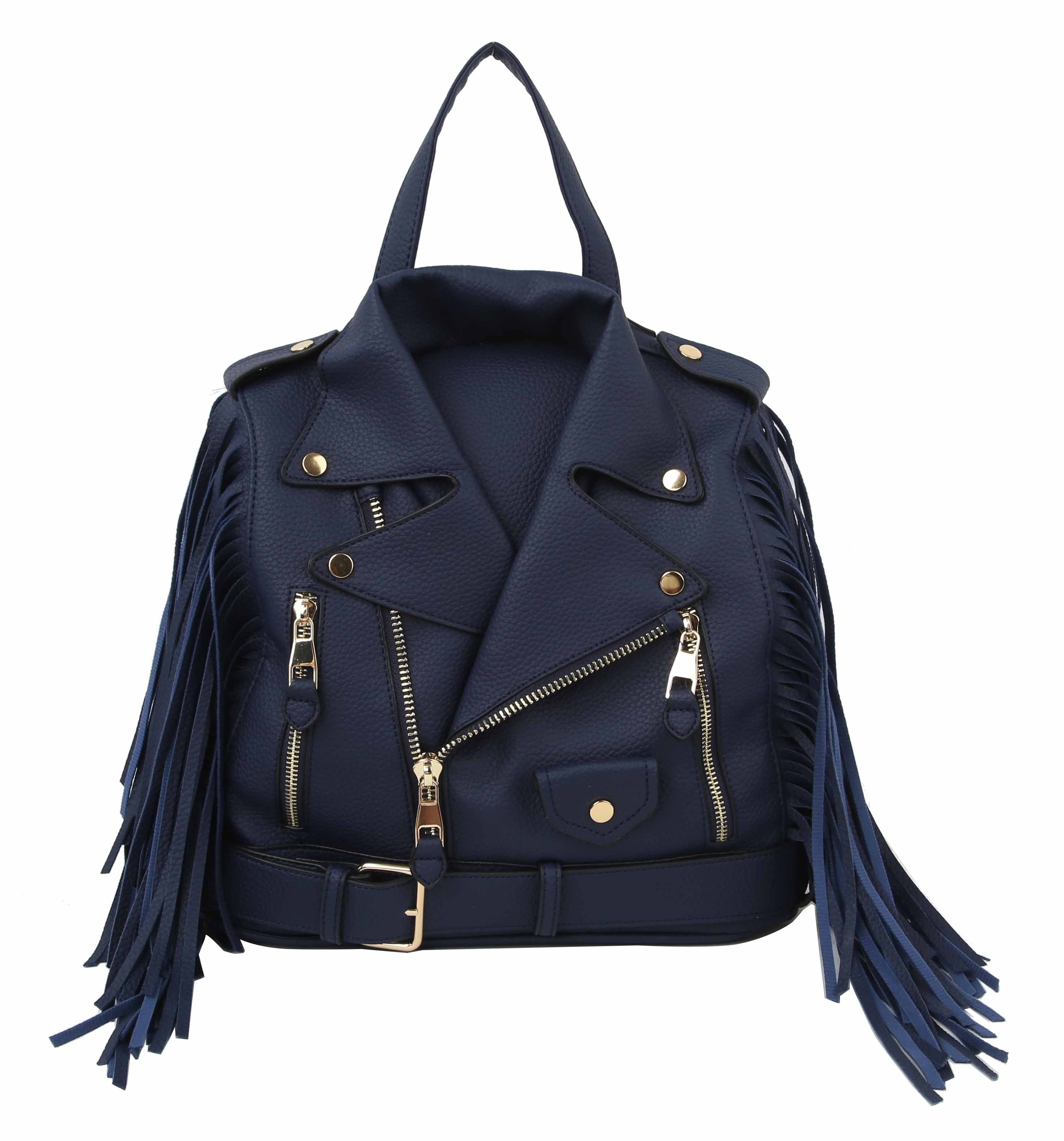 The Fringe Motorcycle Jacket Backpack is a navy blue bag styled like a biker jacket, featuring gold zippers, buttons, side fringe details, and a bottom belt.
