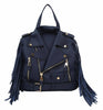 The Fringe Motorcycle Jacket Backpack is a navy blue bag styled like a biker jacket, featuring gold zippers, buttons, side fringe details, and a bottom belt.