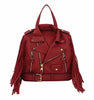 The Fringe Motorcycle Jacket Backpack is a red faux leather bag styled like a biker jacket with gold hardware zippers, side fringe, snaps, a bottom belt, and adjustable shoulder straps.
