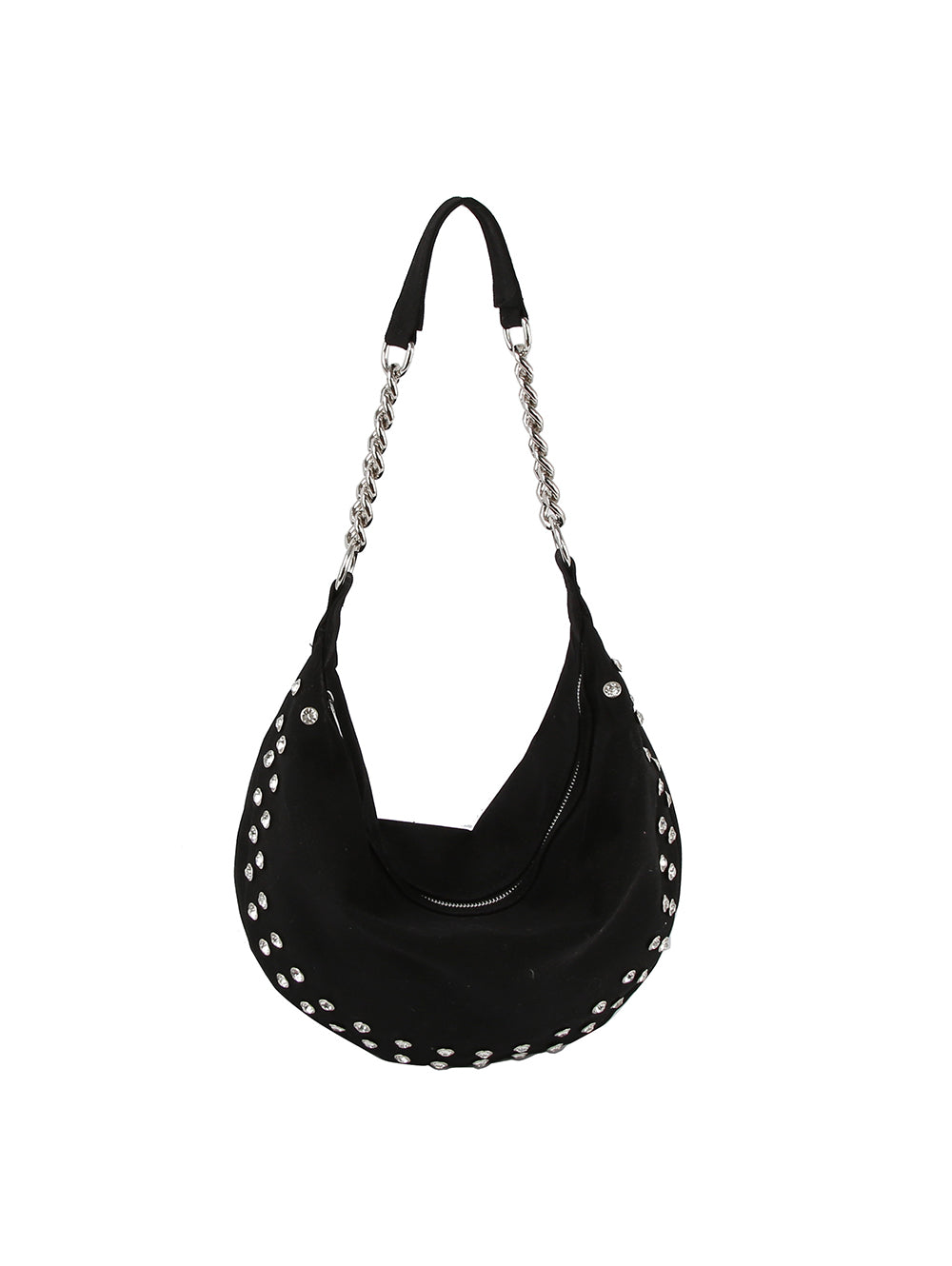 The Rhinestone Studded Chain Hobo Handbag is a black hobo bag with silver grommet details and a single strap with silver chain links, tablet compatible for style and practicality, shown on a white background.