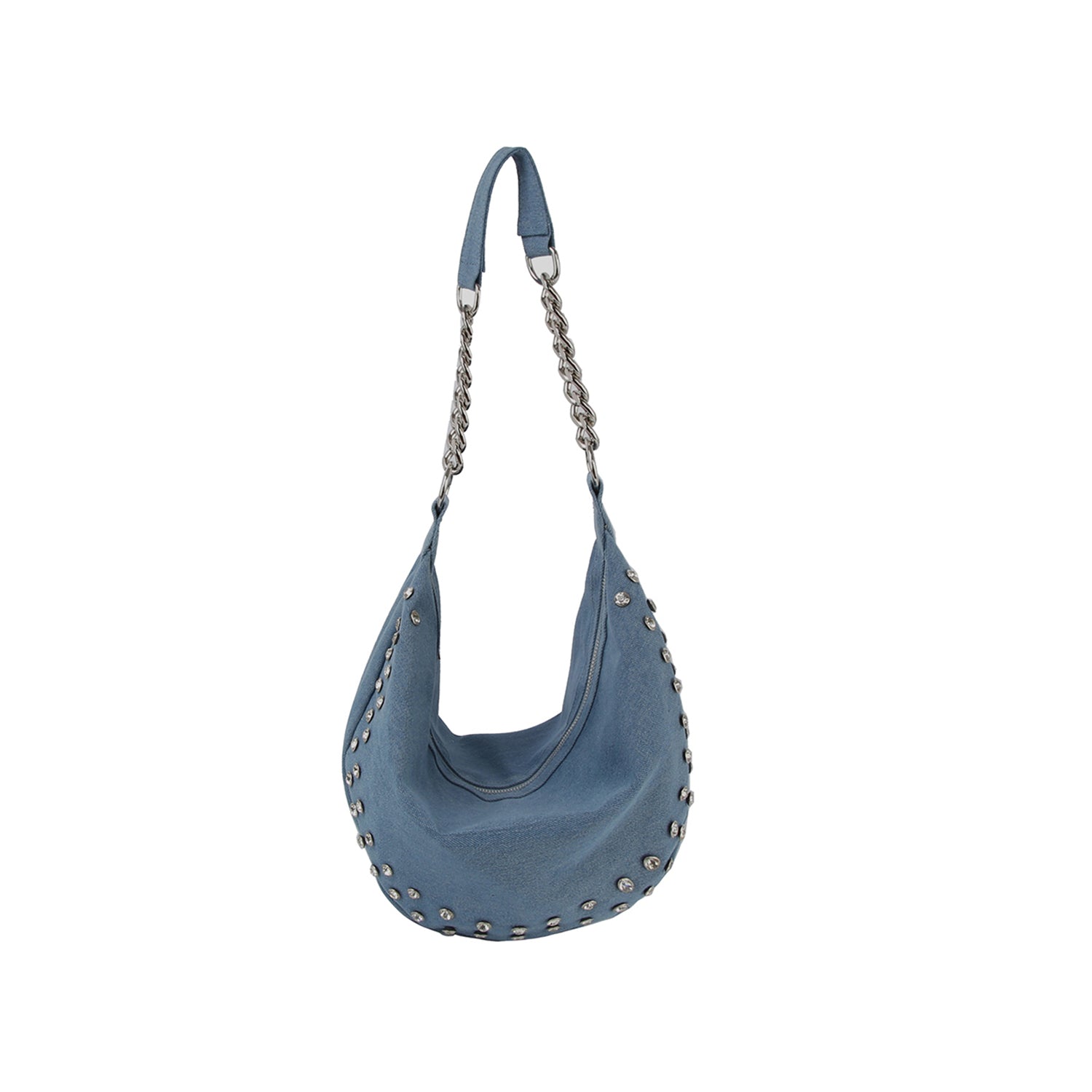 The Rhinestone Studded Chain Hobo Handbag features blue denim canvas, a single strap, silver chain detail, and circular silver studs along the edges, shown on a white background.