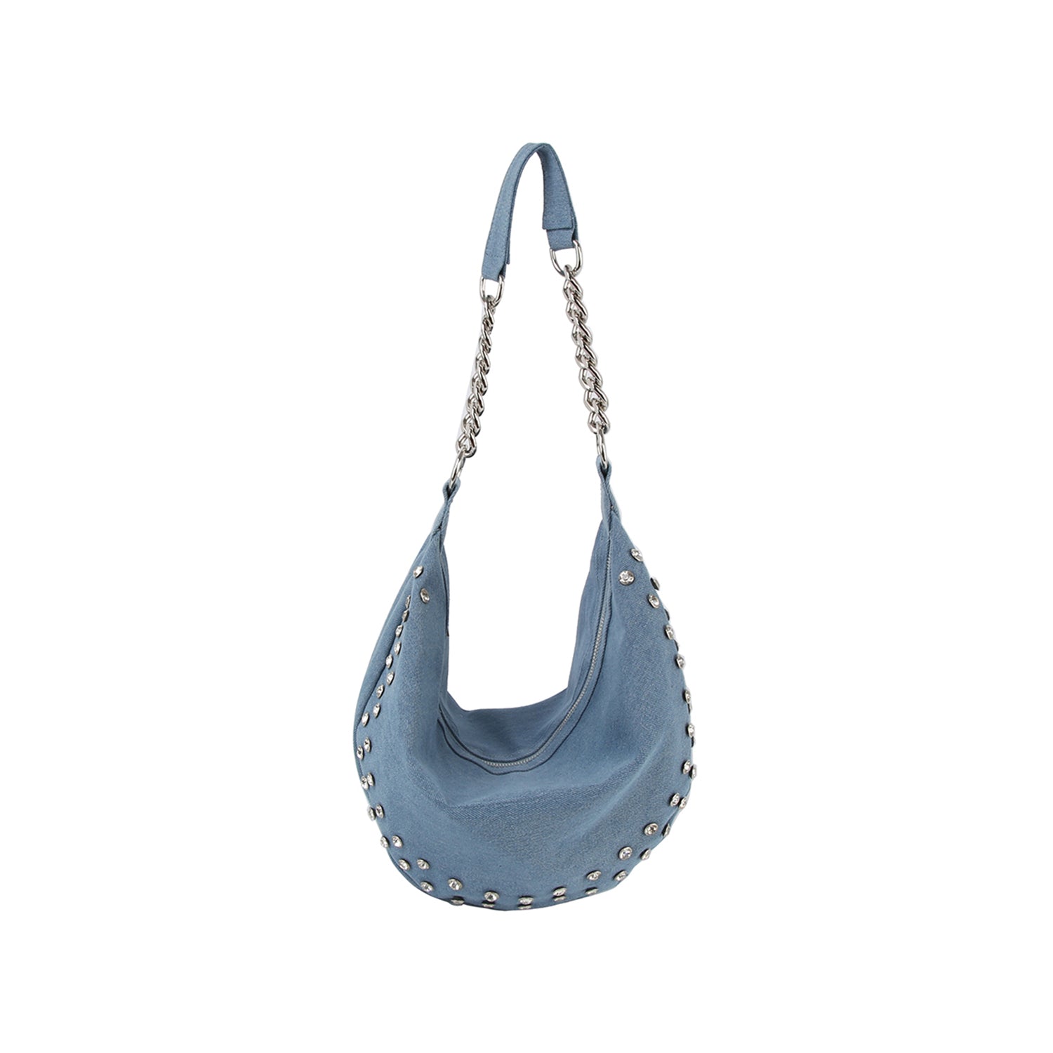The Rhinestone Studded Chain Hobo Handbag is a blue denim bag with silver studs and a single strap for easy carrying.