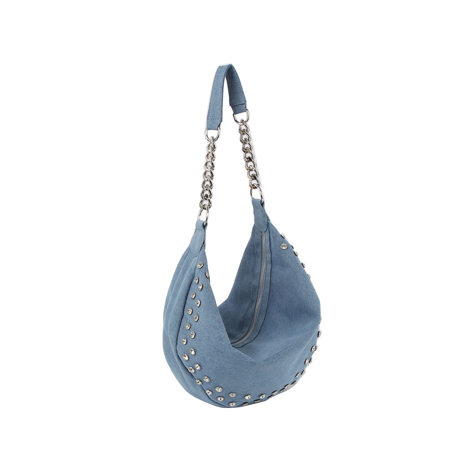 The Rhinestone Studded Chain Hobo Handbag is a blue denim crescent bag with silver studs, a single strap handle with chain detail, zipper closure, and is tablet compatible for everyday use.