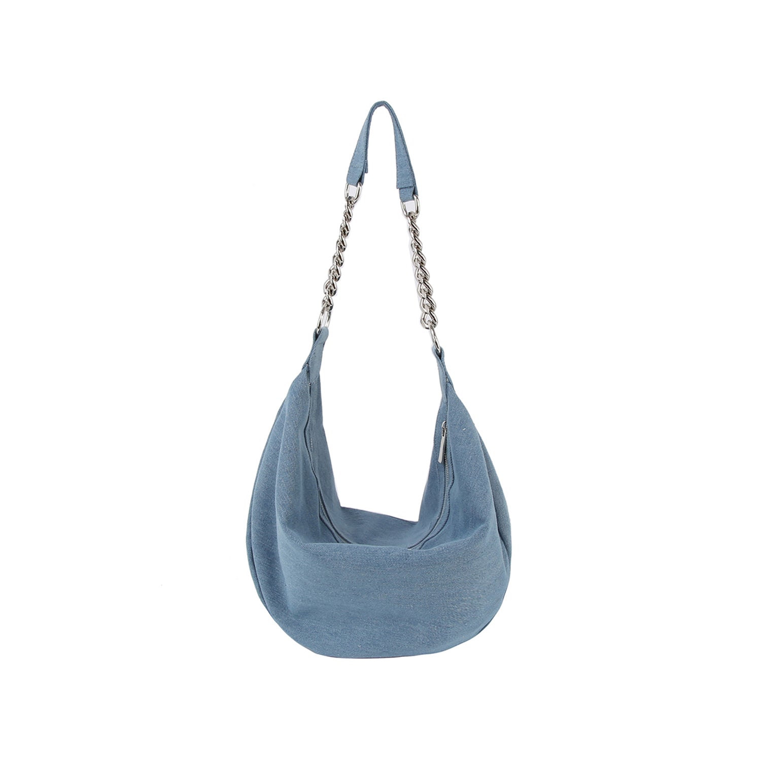 The Rhinestone Studded Chain Hobo Handbag features a light blue denim canvas, single silver chain strap, fabric body, is tablet compatible, and is displayed on a plain white background.