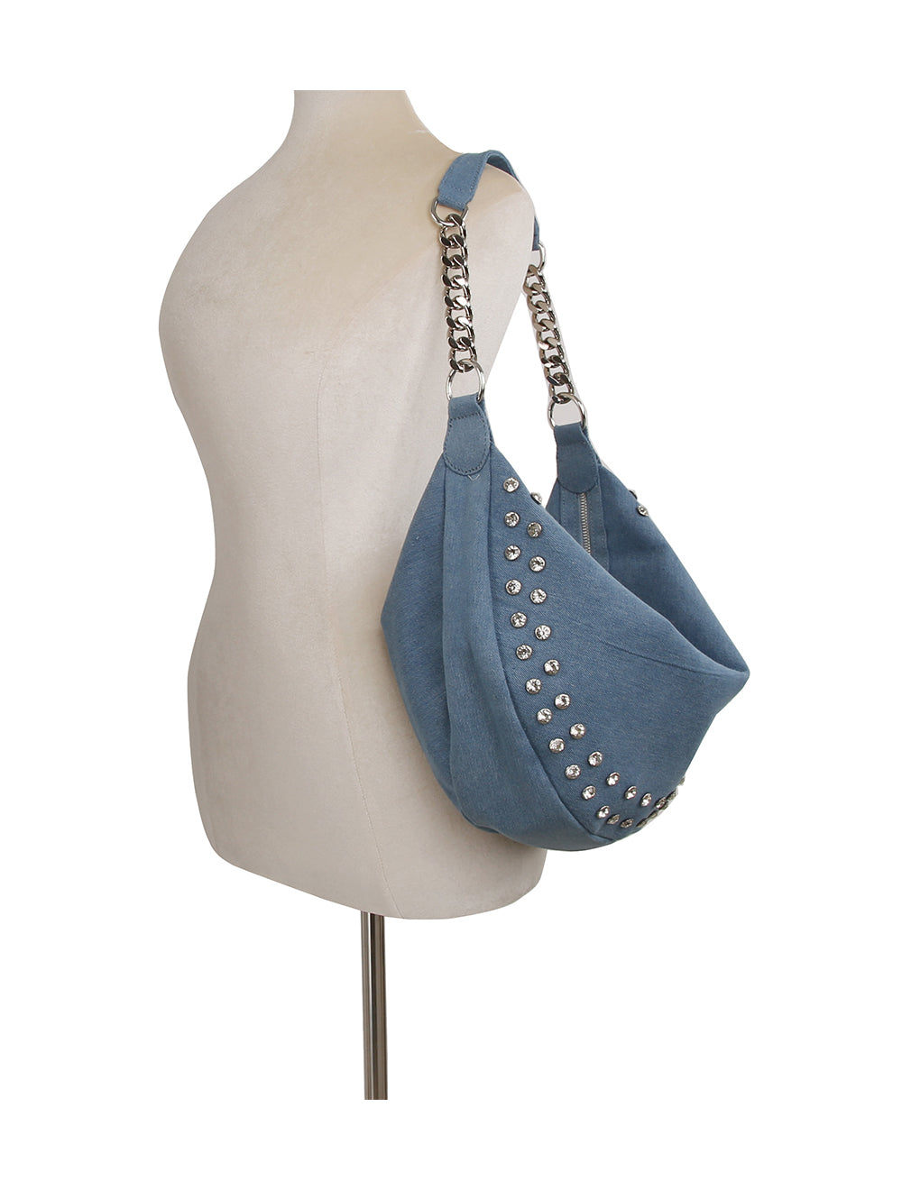 The Rhinestone Studded Chain Hobo Handbag features a blue suede design with metal studs, silver chain handles, and a single strap, showcased on a dress form mannequin against a plain white background.