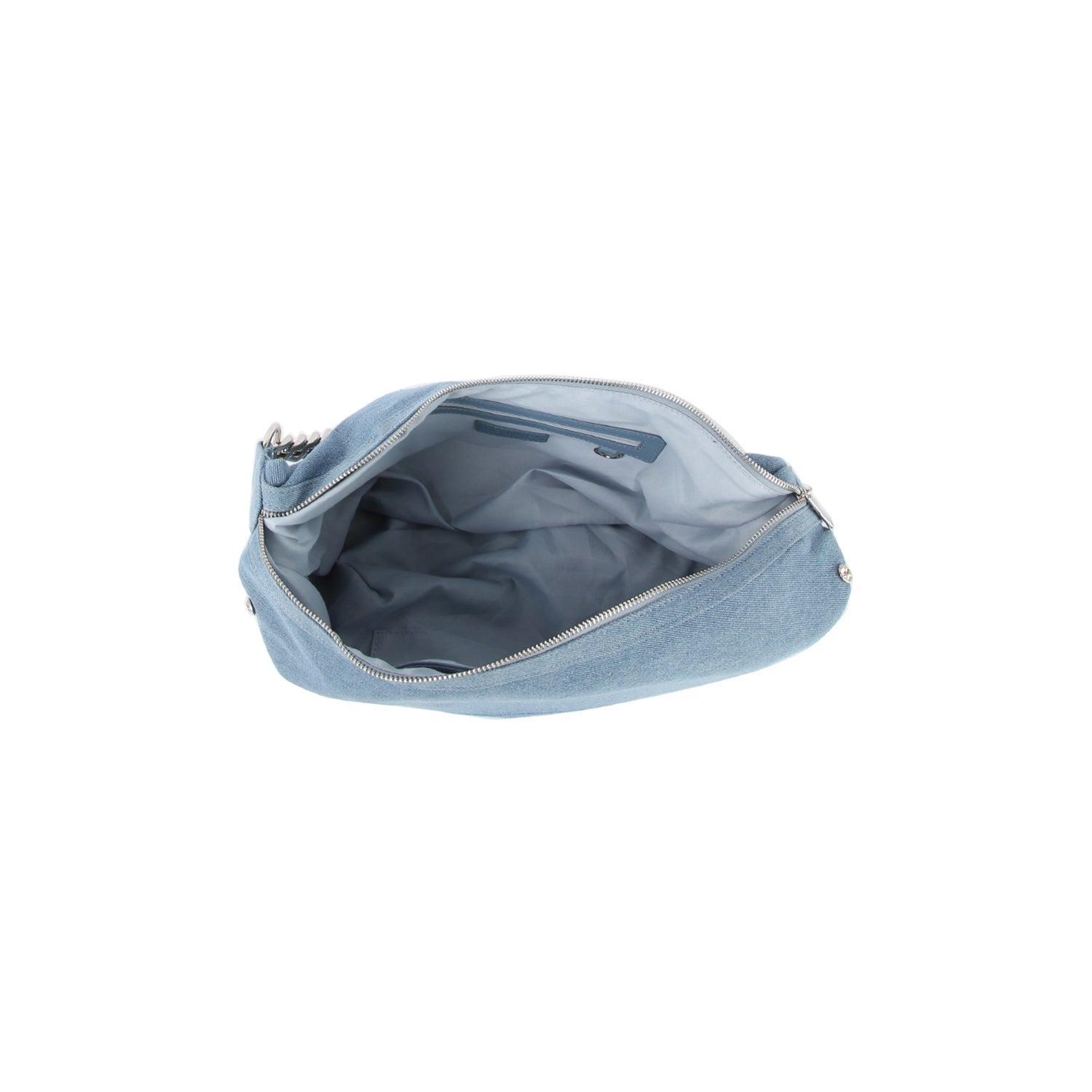 The Rhinestone Studded Chain Hobo Handbag features light blue denim canvas, a zipper, single strap, spacious tablet-compatible interior, small inner pocket, and is displayed against a white background.