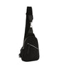The Trendy Front Crossbody Sling is a black faux leather handbag with a wide adjustable strap, silver zippers, and a small front zip pocket, shown on a plain white background.