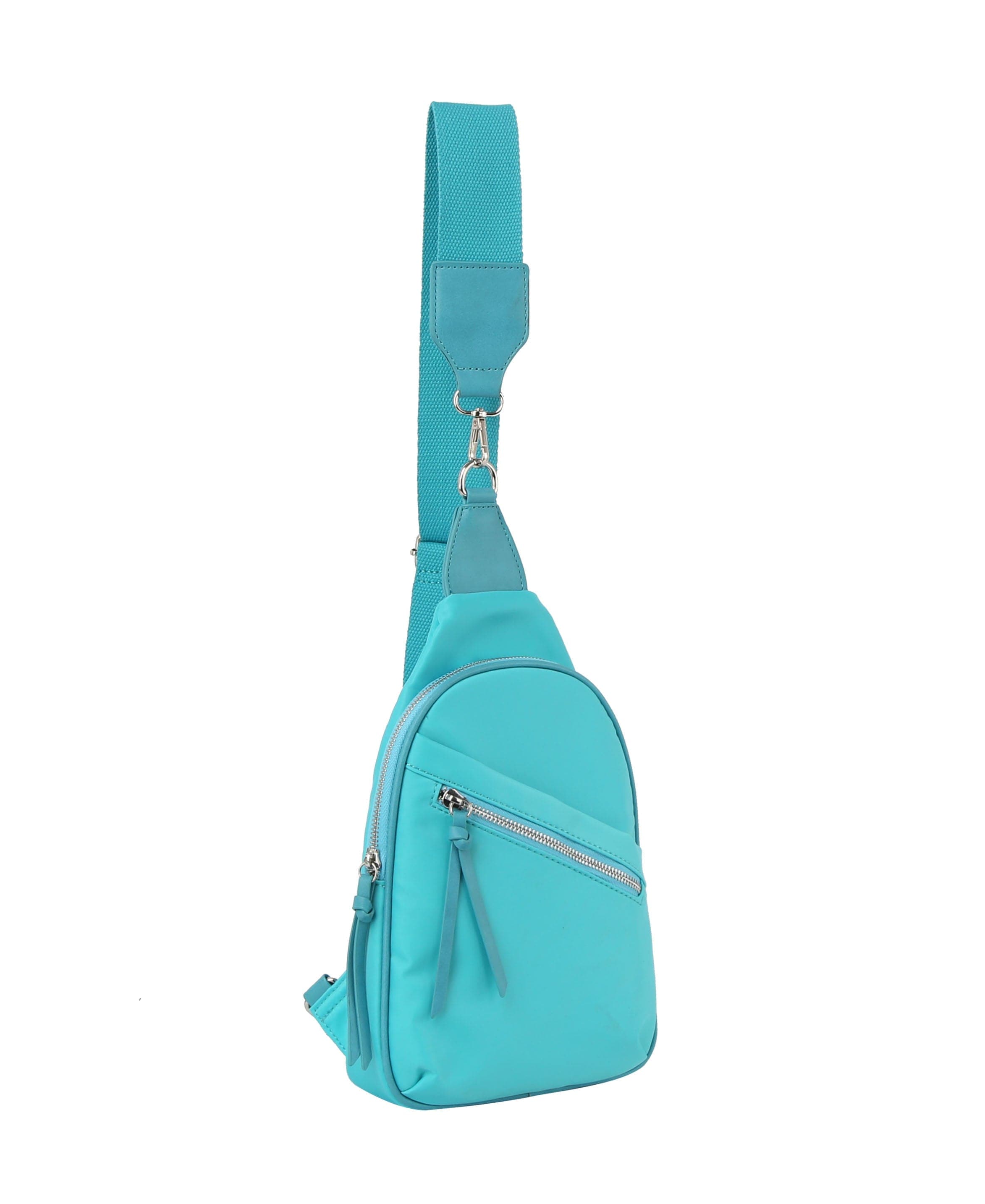 The Trendy Front Crossbody Sling in turquoise features a zippered front pocket, adjustable shoulder strap, and silver hardware, shown upright against a white background.