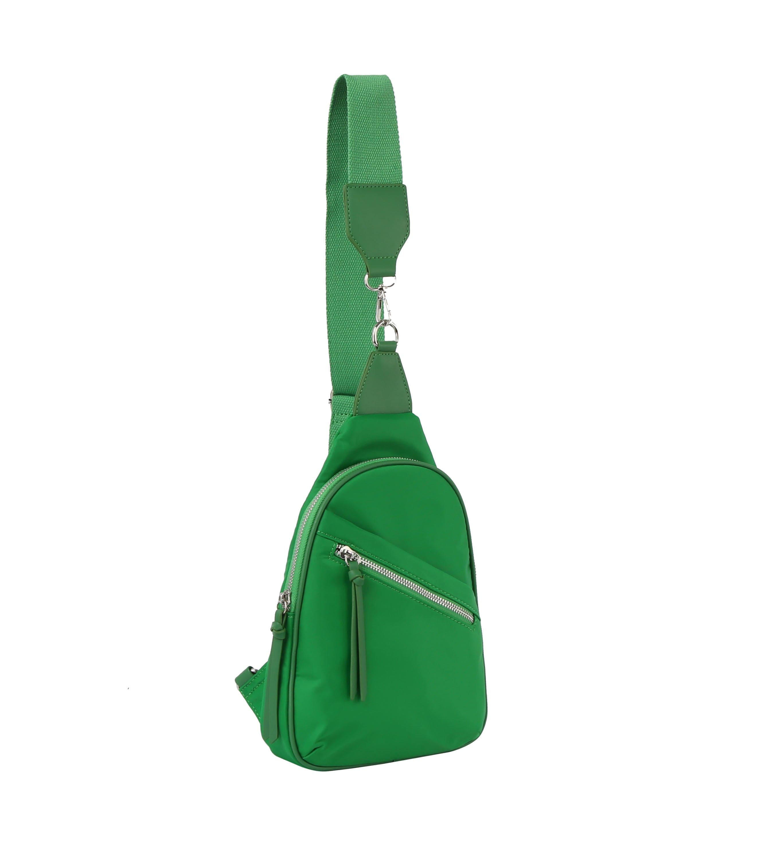 The Trendy Front Crossbody Sling, a small bright green bag with an adjustable strap and front zip pocket, is shown on a white background—tablet compatible with a secure zip closure for daily essentials.