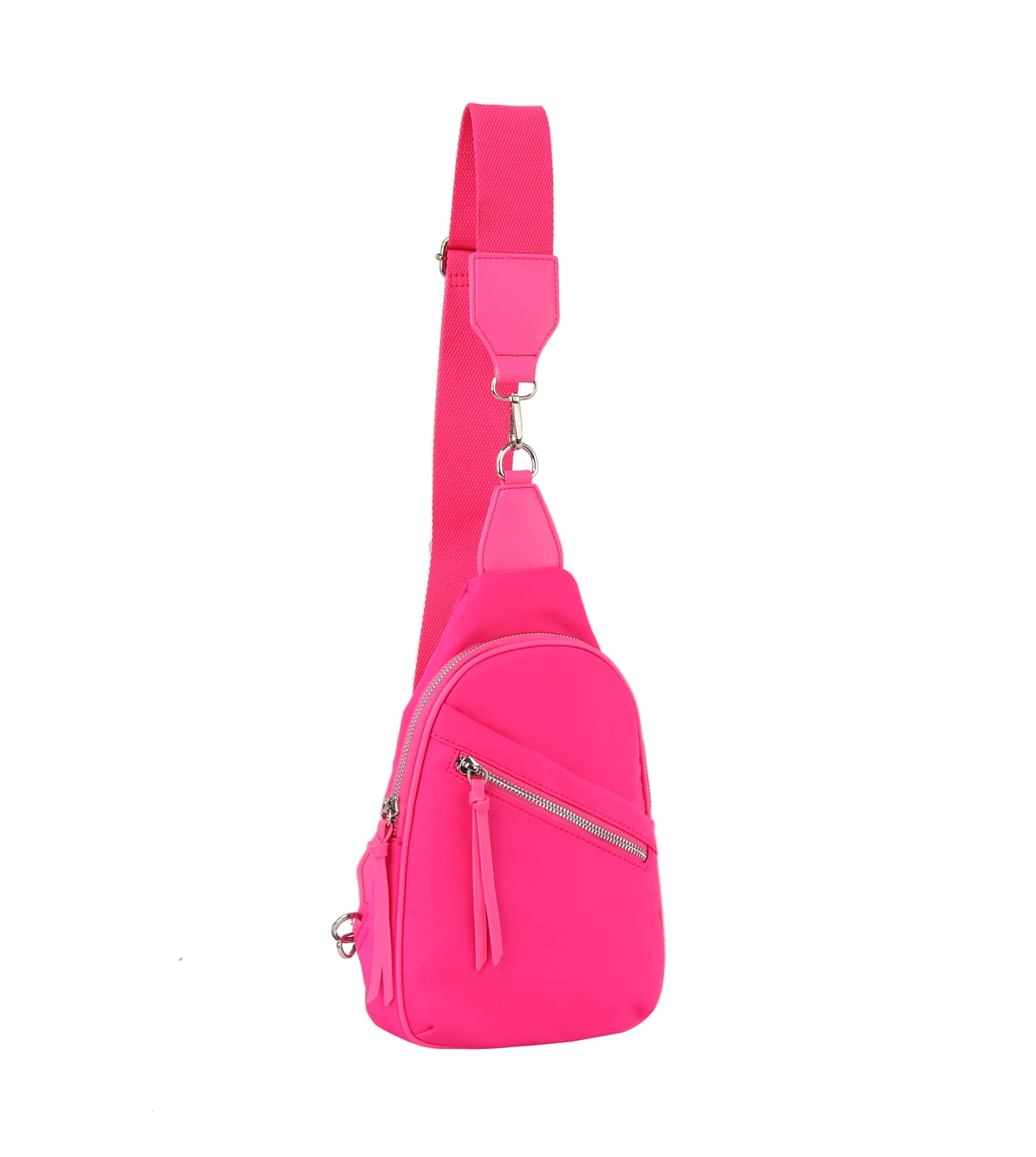 The Trendy Front Crossbody Sling is a small, bright pink faux leather bag with an adjustable shoulder strap and two front zippered pockets, shown against a white background.