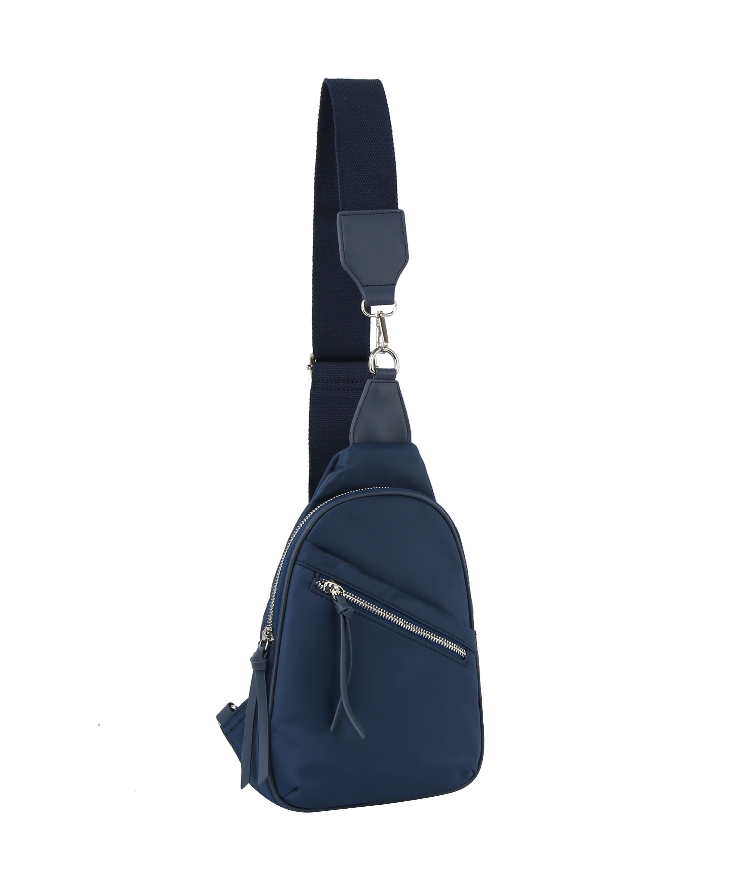 The Trendy Front Crossbody Sling is a small, navy blue bag with a front zippered pocket, silver hardware, and a wide adjustable strap. Tablet compatible, its shown against a plain white background.
