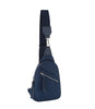 The Trendy Front Crossbody Sling is a small, navy blue bag with a front zippered pocket, silver hardware, and a wide adjustable strap. Tablet compatible, its shown against a plain white background.
