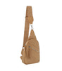 The Trendy Front Crossbody Sling is a tan faux leather handbag with an adjustable woven strap, silver hardware, and two zippered compartments. It features a zip closure and stands upright on a plain white background.