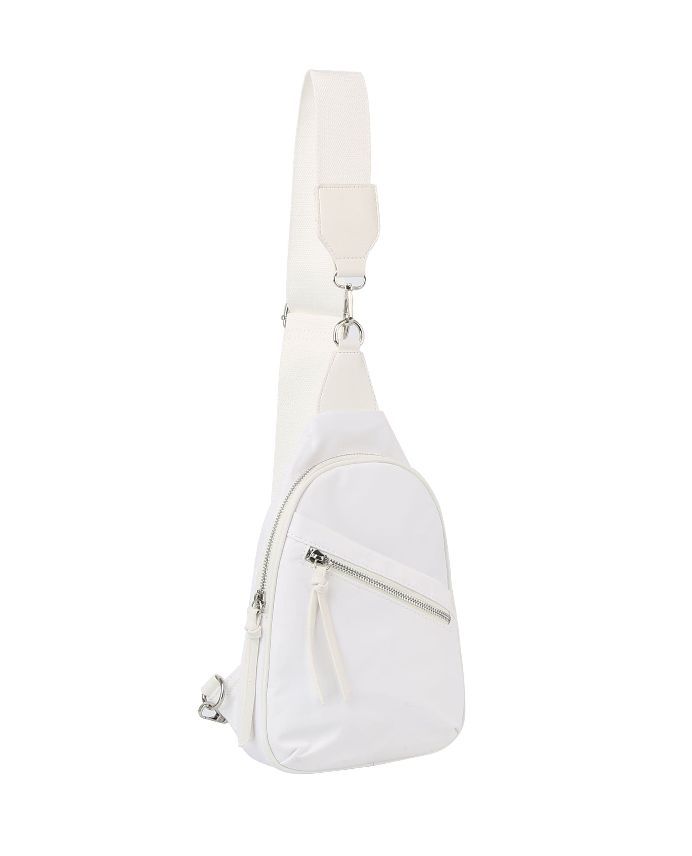 The Trendy Front Crossbody Sling is a white faux leather handbag with a spacious main compartment, front zippered pocket, and adjustable wide strap; tablet compatible and shown against a plain white background.