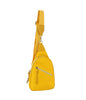 The Trendy Front Crossbody Sling is a small yellow faux leather backpack with zip closure, front zipper pocket, main compartment, and adjustable strap—tablet compatible—shown upright on a white background.