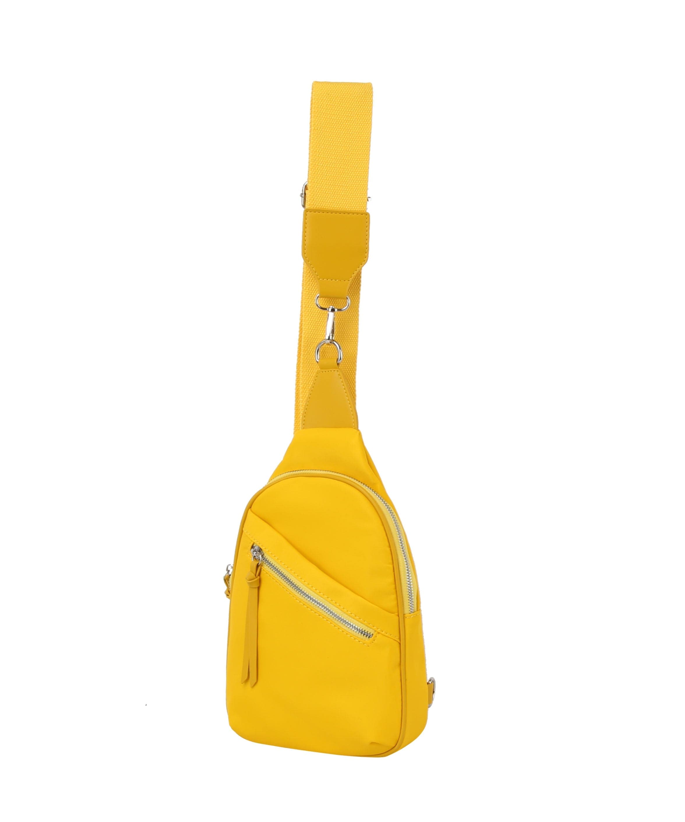 The Trendy Front Crossbody Sling is a small, bright yellow faux leather bag with a single wide shoulder strap, main zip closure compartment, and front zippered pocket, shown against a plain white background.