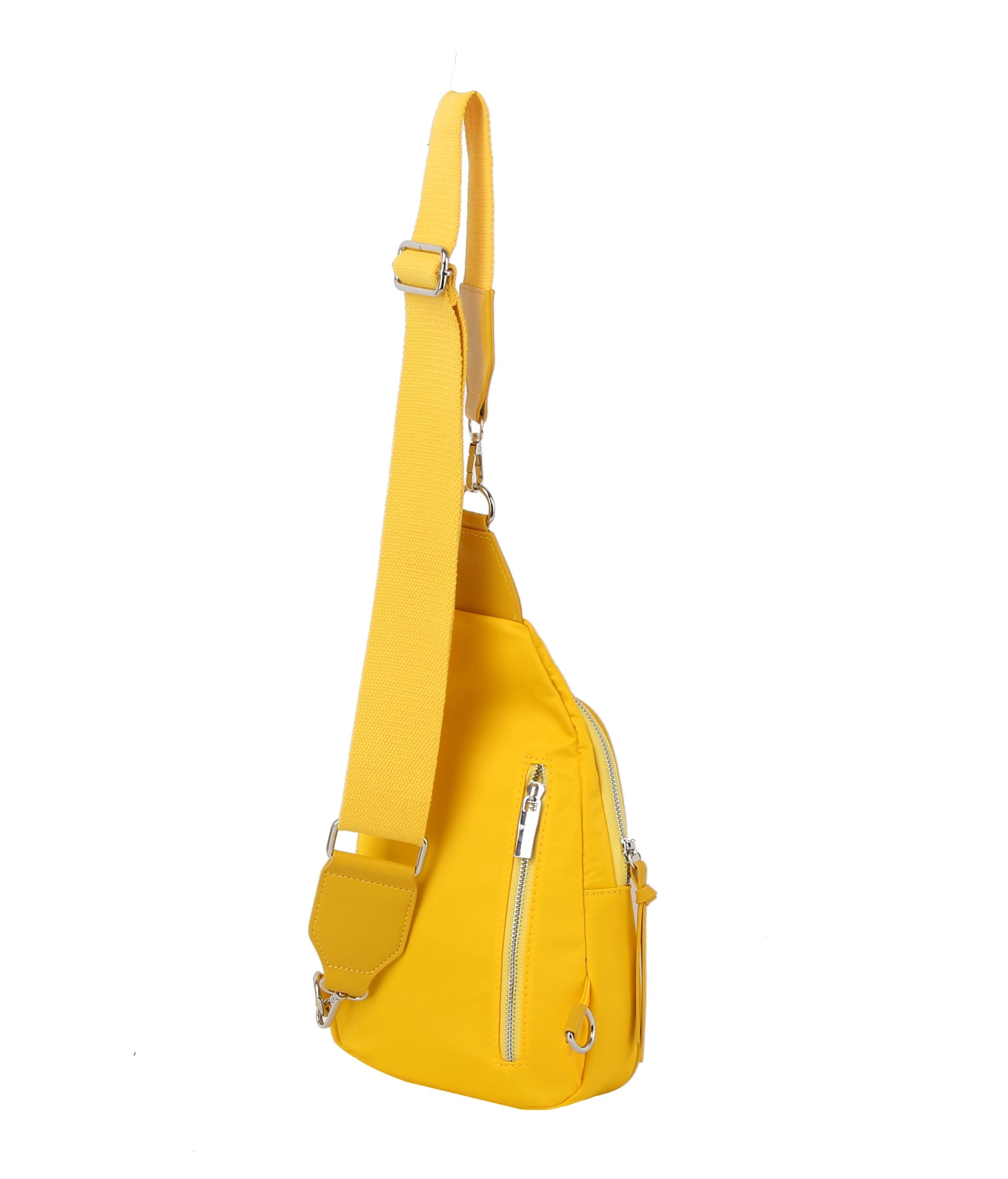 The Trendy Front Crossbody Sling is a bright yellow faux leather bag with a wide adjustable strap, silver zip closure, and front zip pockets. Tablet compatible, it is shown on a plain white background.