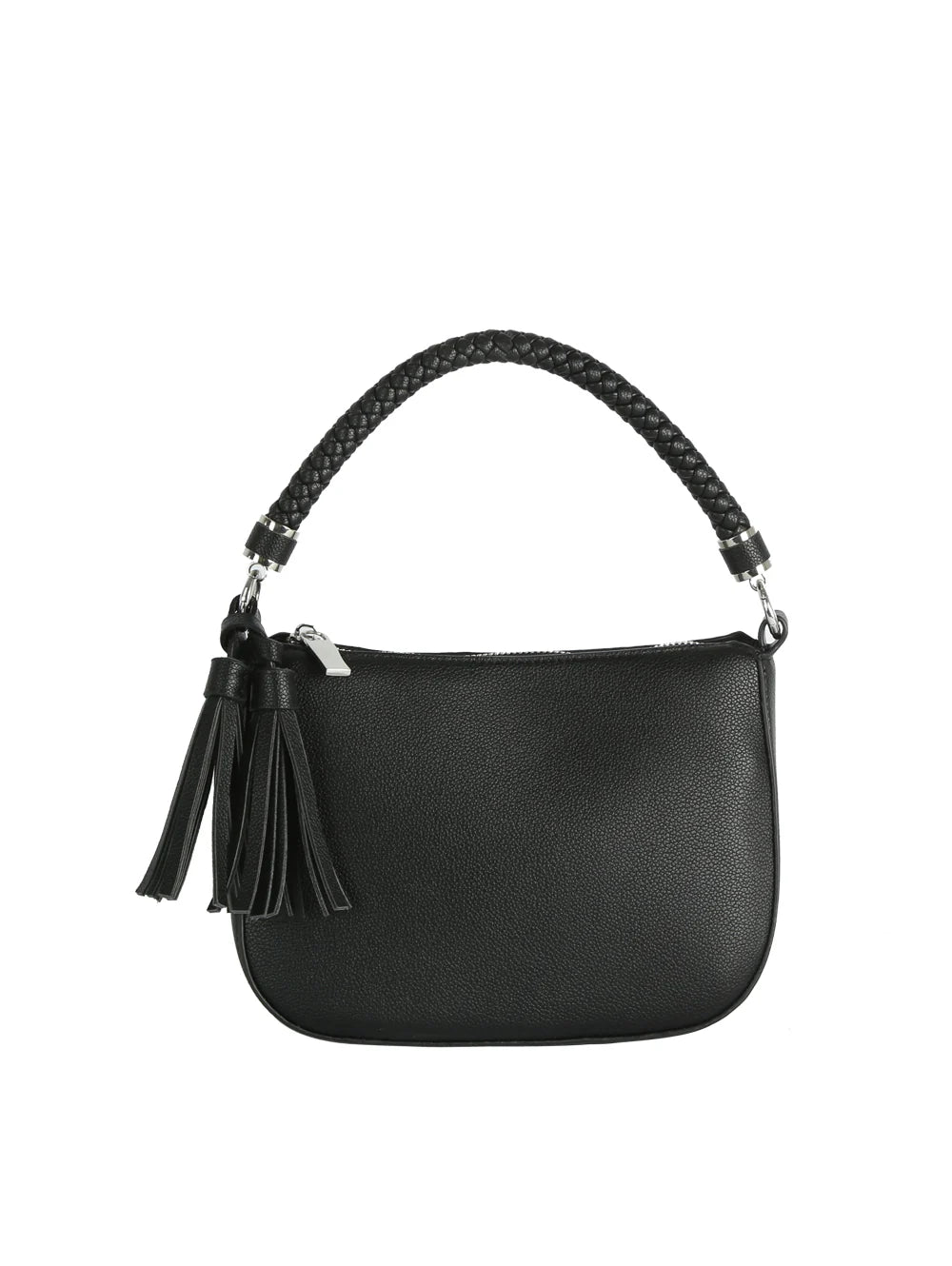 The Braided Handle Tassel Hobo Handbag is a small black faux leather bag featuring a textured woven single handle, two tassel accents on one side, and a simple, elegant design with a smooth finish.
