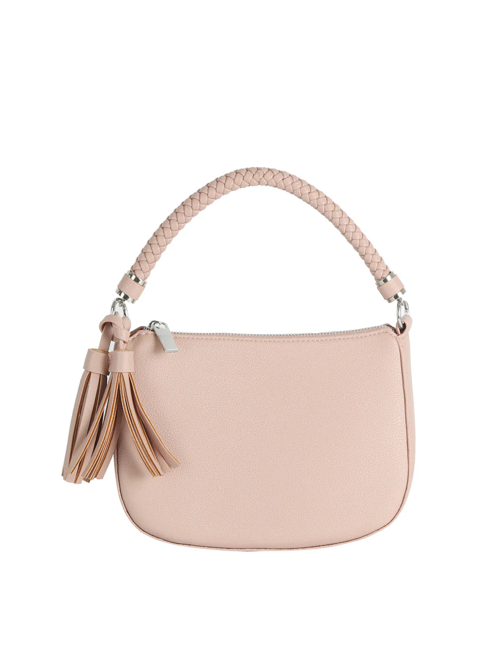 The Braided Handle Tassel Hobo Handbag features light pink faux leather, a braided single handle, decorative tassels, silver hardware, a smooth rounded rectangular shape, and a detachable strap for versatile use.
