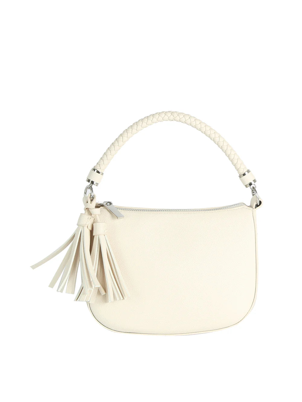 The Braided Handle Tassel Hobo Handbag is a white faux leather bag with a curved shape, single braided handle, and decorative tassels on one side, shown against a plain white background.