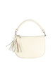 The Braided Handle Tassel Hobo Handbag is a white faux leather bag with a curved shape, single braided handle, and decorative tassels on one side, shown against a plain white background.