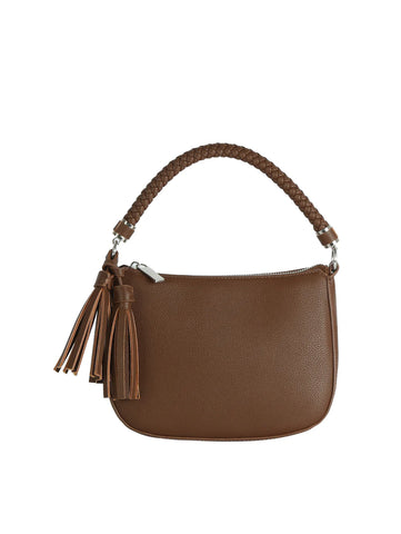 The Braided Handle Tassel Hobo Handbag features brown faux leather, a woven single handle, and decorative tassels on one side, displayed against a plain white background.