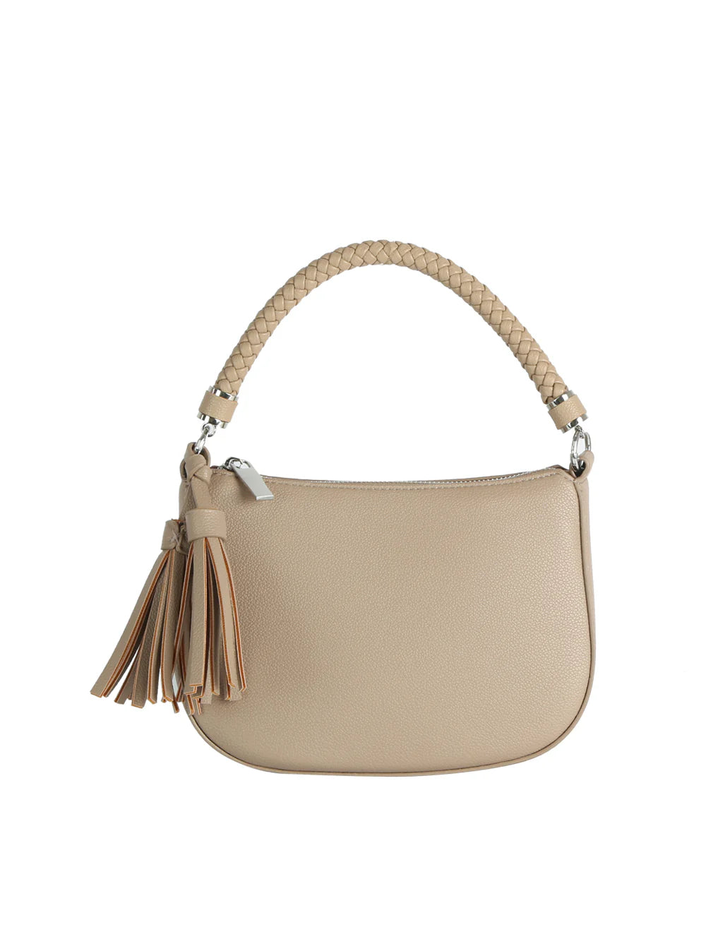 The Braided Handle Tassel Hobo Handbag is a beige faux leather bag with a braided single handle, large tassel accents on one side, and a detachable strap, displayed against a plain white background.